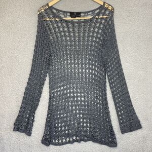 Crochet Cover Up Resort Beach Boho Tunic Top Dress Open Knit Stretch Gray Large